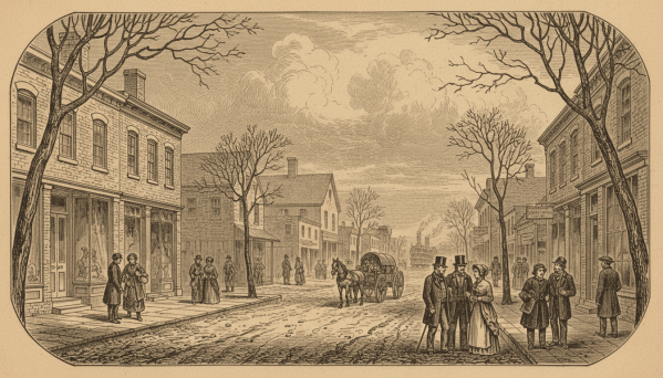 Period-inspired illustration of an Illinois river town.