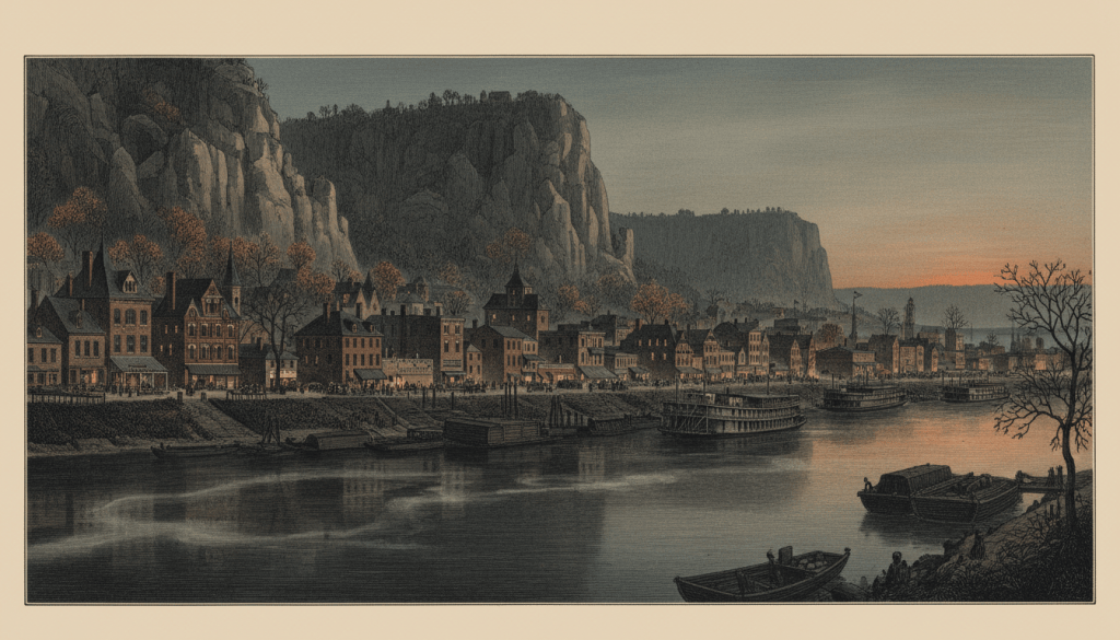 Mississippi River and historic Alton, Illinois, beneath autumn mist