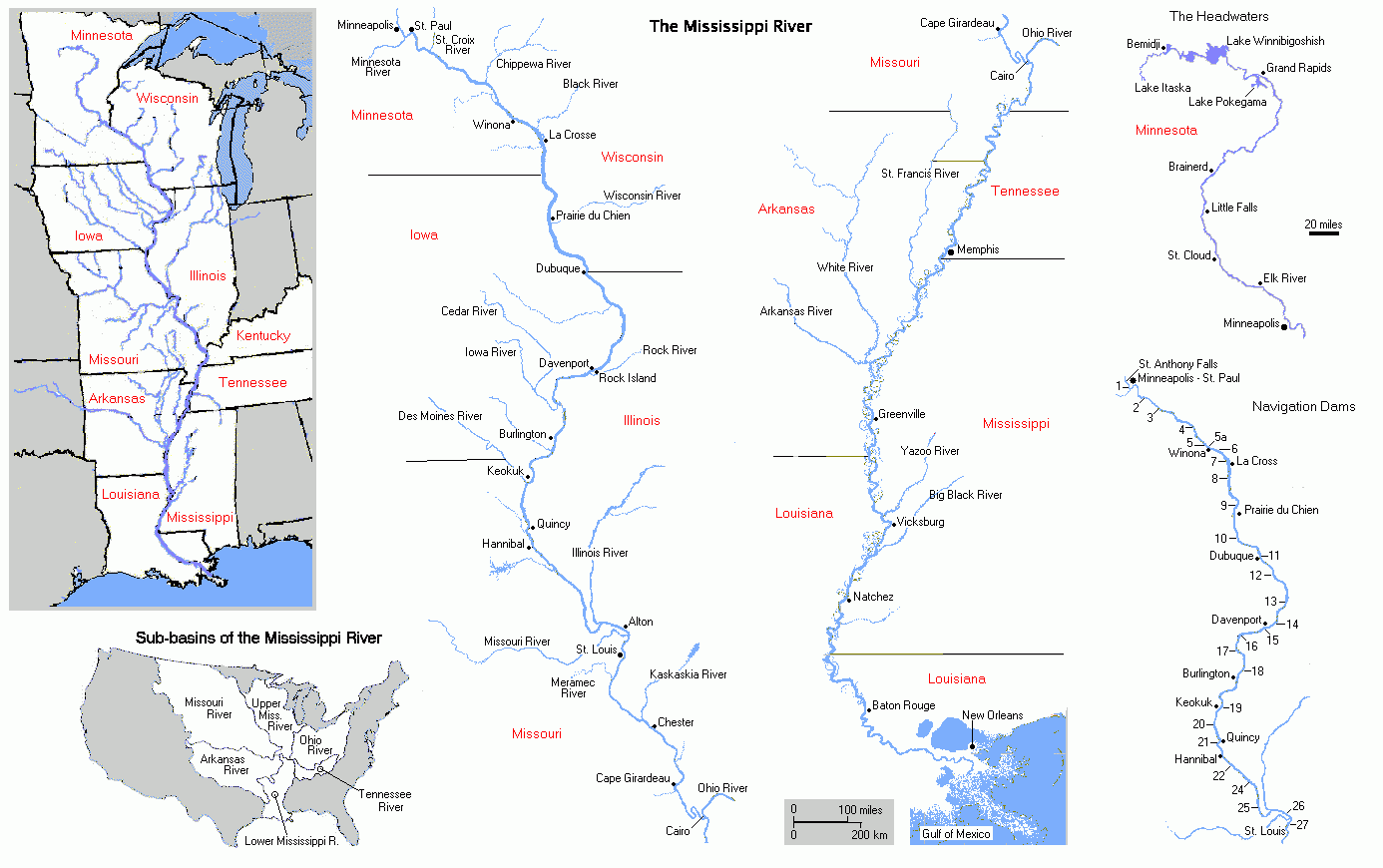 Map showing the course of the Mississippi River.