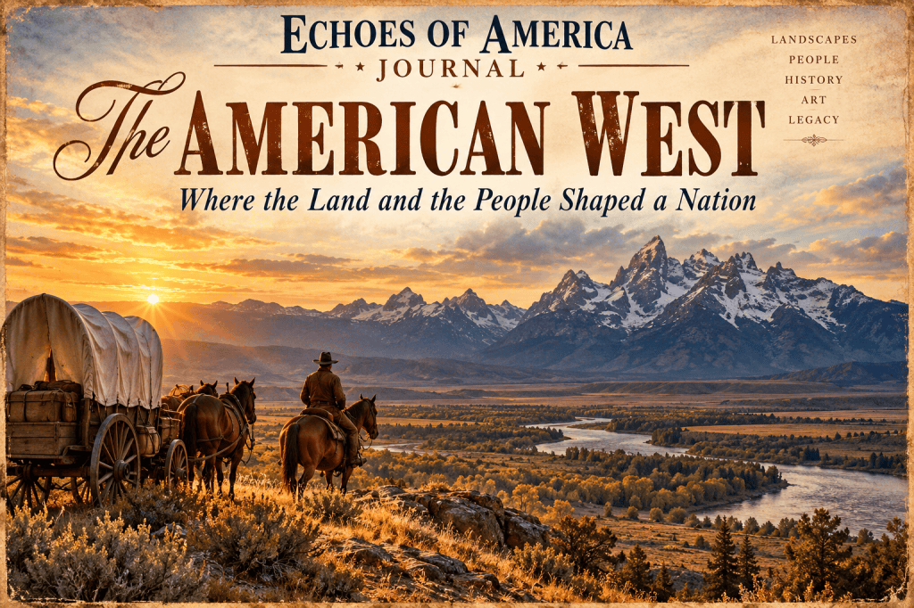 Vintage magazine cover showing a covered wagon and rider overlooking a river valley and snow-capped mountains at sunset, titled The American West.